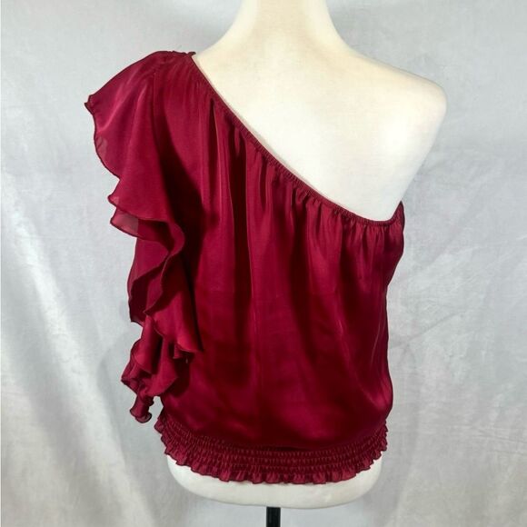 One shoulder satin ruffle fuchsia smocked blouse top size medium - Picture 2 of 4